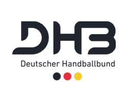 Logo des Deutschen Handballbundes, der den Handball in Brandenburg repräsentiert, mit fetten schwarzen DHB-Buchstaben, darunter der vollständige Name und drei kleine Kreise in Schwarz, Rot und Gold.