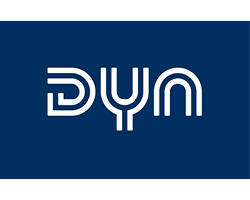 Weißer, stilisierter Text mit dem Schriftzug DYN auf einem einfarbig dunkelblauen Hintergrund. Die modernen, abgerundeten Buchstaben sind mit durchgehenden Linien versehen, die den dynamischen Geist des Handballs in Brandenburg widerspiegeln.