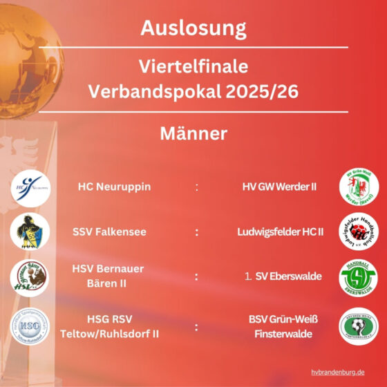 Eine Grafik mit dem Titel Auslosung Viertelfinale Verbandspokal 2025/26 Männer zeigt vier Viertelfinalbegegnungen im Männerhandball, mit Vereinslogos neben den jeweiligen Mannschaftsnamen, auf orangefarbenem Hintergrund, wobei der Pokal teilweise sichtbar ist.