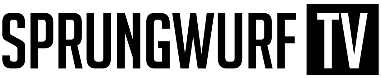 Das Bild zeigt den Text SPRUNGWURF TV in fetten, schwarzen Großbuchstaben. TV ist auf der rechten Seite in ein schwarzes Rechteck eingeschlossen. Der Hintergrund ist hellgrau.