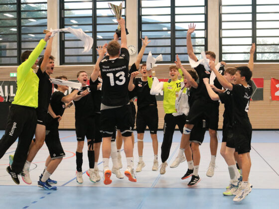 Eine fröhliche Männerhandballmannschaft in schwarzen Trikots springt und feiert gemeinsam in der Halle, während ein Spieler einen Pokal hochhält. Ganz im Sinne des Handball-Leistungssports winken einige Spieler mit Handtüchern und alle lächeln vor Begeisterung.