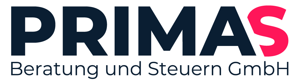 Logo mit dem Wort PRIMAS in großen schwarzen Buchstaben, wobei der Buchstabe S rosa ist. Darunter steht in kleinerer schwarzer Schrift Beratung und Steuern GmbH.