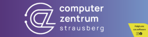 Logo für das Computer Zentrum Strausberg auf einem Hintergrund mit violettem bis blauem Farbverlauf und einem kreisförmigen Symbol. Auf dem gelben Kasten rechts steht "Folgt uns: czs.software" mit Instagram- und Facebook-Symbolen.