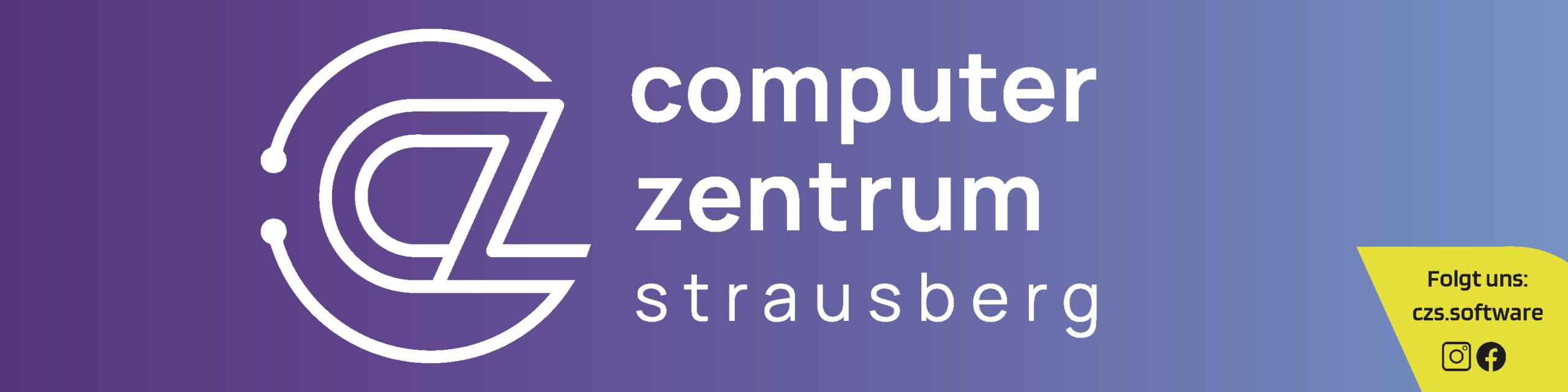 Logo für das Computer Zentrum Strausberg auf einem Hintergrund mit violettem bis blauem Farbverlauf und einem kreisförmigen Symbol. Auf dem gelben Kasten rechts steht "Folgt uns: czs.software" mit Instagram- und Facebook-Symbolen.