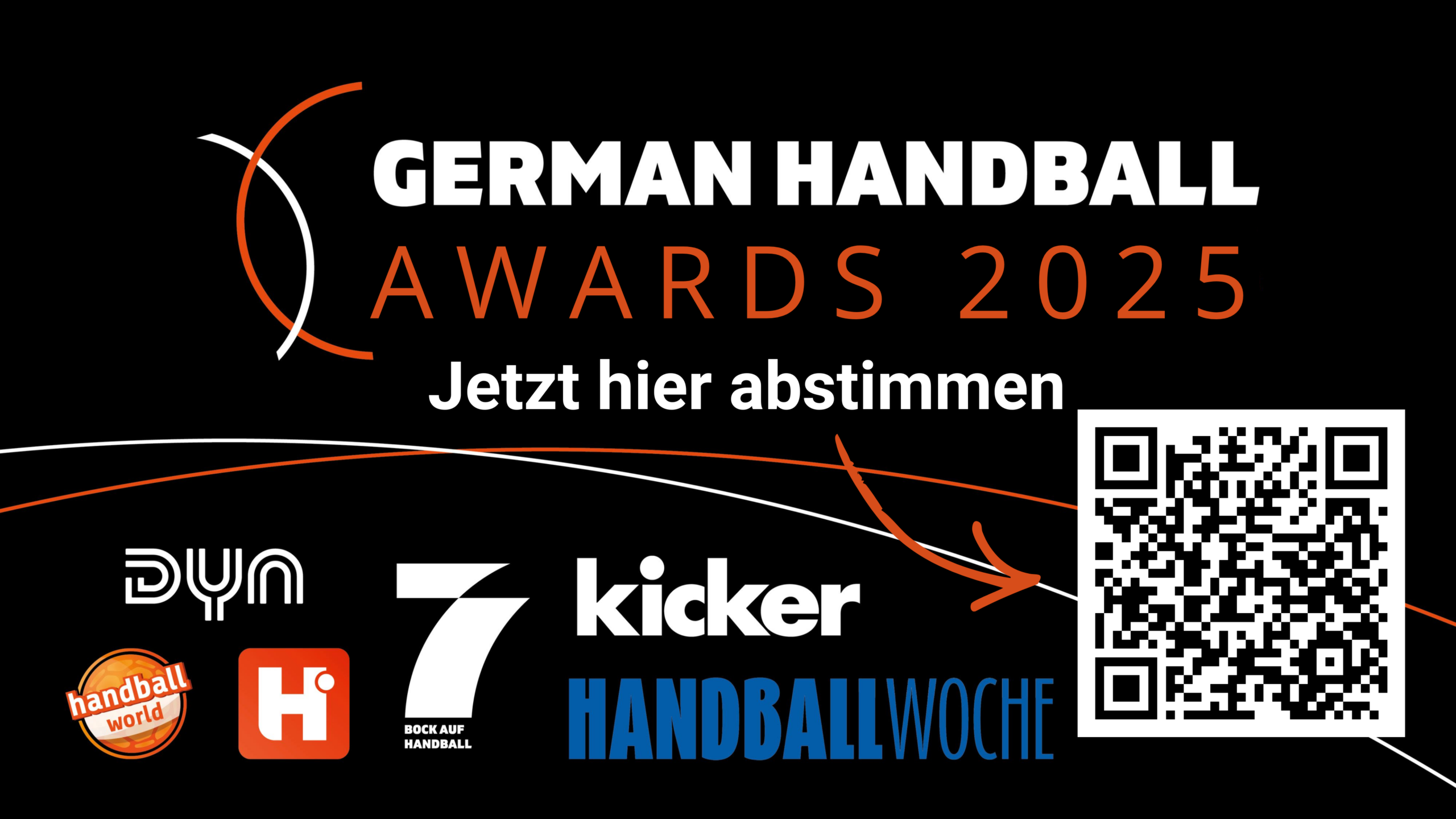 Eine Werbegrafik für den Deutschen Handballpreis 2025 mit einem QR-Code und den Logos von dyn, handballworld, Handball Inside, 7Meter, kicker und Handballwoche sowie dem Text Jetzt hier abstimmen.