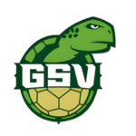 Über den fetten weißen Buchstaben GSV sitzt eine stilisierte grüne Schildkröte mit ernster Miene, die den Handball in Brandenburg symbolisiert. Der Panzer der Schildkröte ähnelt einem gelben Fußball, und das Bild hat einen weißen runden Hintergrund.