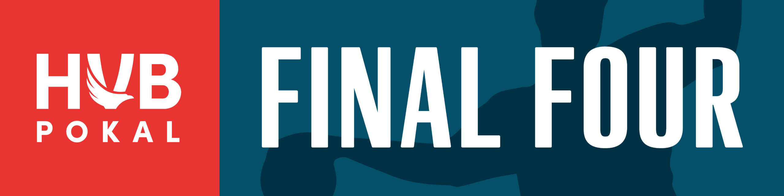 Rote und blaue Grafik mit weißem Text mit der Aufschrift HVB Pokal FINAL FOUR. Im blauen Hintergrund ist eine schwache Silhouette einer sich bewegenden Person zu sehen.
