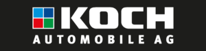 Logo für KOCH Automobile AG mit fetten weißen Buchstaben auf schwarzem Hintergrund. Auf der linken Seite befindet sich ein Quadrat, das aus vier kleineren Quadraten besteht: blau, rot, grün und hellblau.