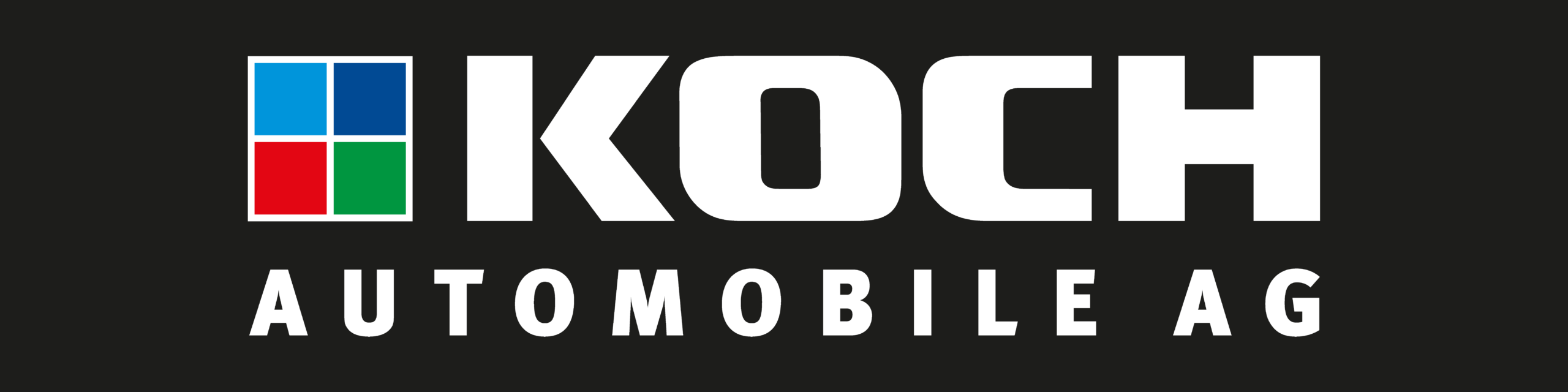 Logo für KOCH Automobile AG mit fetten weißen Buchstaben auf schwarzem Hintergrund. Auf der linken Seite befindet sich ein Quadrat, das aus vier kleineren Quadraten besteht: blau, rot, grün und hellblau.