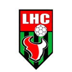 Ein Logo, das den LHC in weißen Buchstaben auf rotem Grund über einem Fußball zeigt, über einem stilisierten roten Stierkopf, mit grünen und schwarzen vertikalen Streifen - als Symbol für den lebendigen Geist des Handballs in Brandenburg.