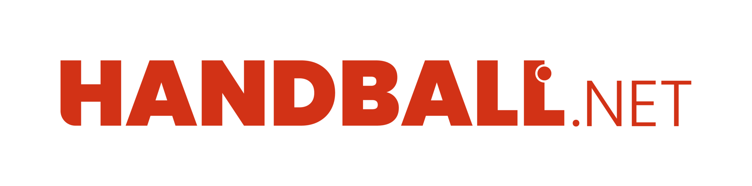 Das Bild zeigt das Logo HANDBALL.NET in fetten roten Buchstaben. Der Punkt über dem I ist als Handball stilisiert, und das NET ist in einer helleren und dünneren Schrift. Der Hintergrund ist einfarbig weiß.