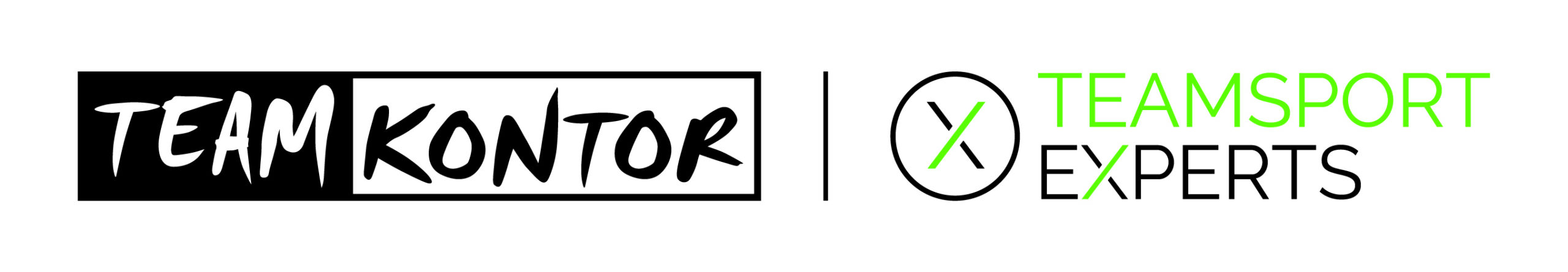 Logo von Team Kontor und Teamsport Experts. Team Kontor ist in fetter schwarzer und weißer Schrift gehalten, während Teamsport Experts in grüner und schwarzer Schrift mit einem X in einem Kreis zwischen den Namen erscheint.