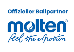 Logo mit dem Text Offizieller Ballpartner über dem Wort molten und dem Slogan feel the emotion in Kursivschrift darunter, alles in blauer Schrift auf weißem Hintergrund.