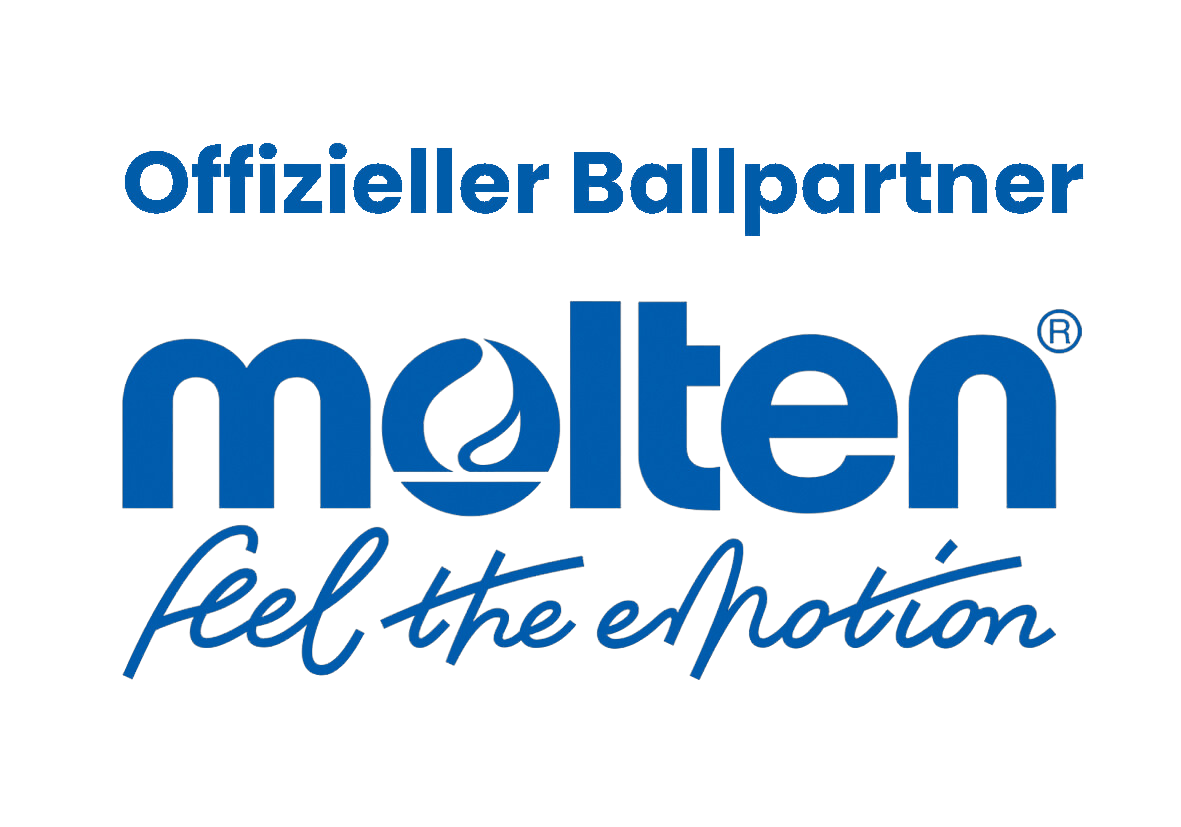 Logo mit dem Text Offizieller Ballpartner über dem Wort molten und dem Slogan feel the emotion in Kursivschrift darunter, alles in blauer Schrift auf weißem Hintergrund.