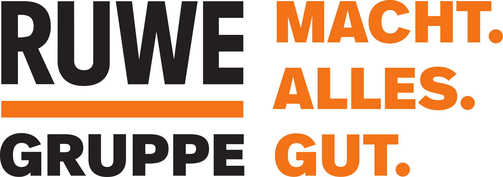 Schwarzer fetter Text RUWE GRUPPE mit einer orangefarbenen Linie unter RUWE auf der linken Seite, und fetter orangefarbener Text MACHT. ALLES. GUT. vertikal rechts auf hellem Hintergrund gestapelt.