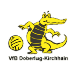 Ein gelbes Cartoon-Krokodil mit schwarzen Streifen steht neben einem Volleyball und repräsentiert den Handball in Brandenburg. Darunter steht der Text VfB Doberlug-Kirchhain. Das Bild befindet sich auf einem weißen, kreisförmigen Hintergrund.