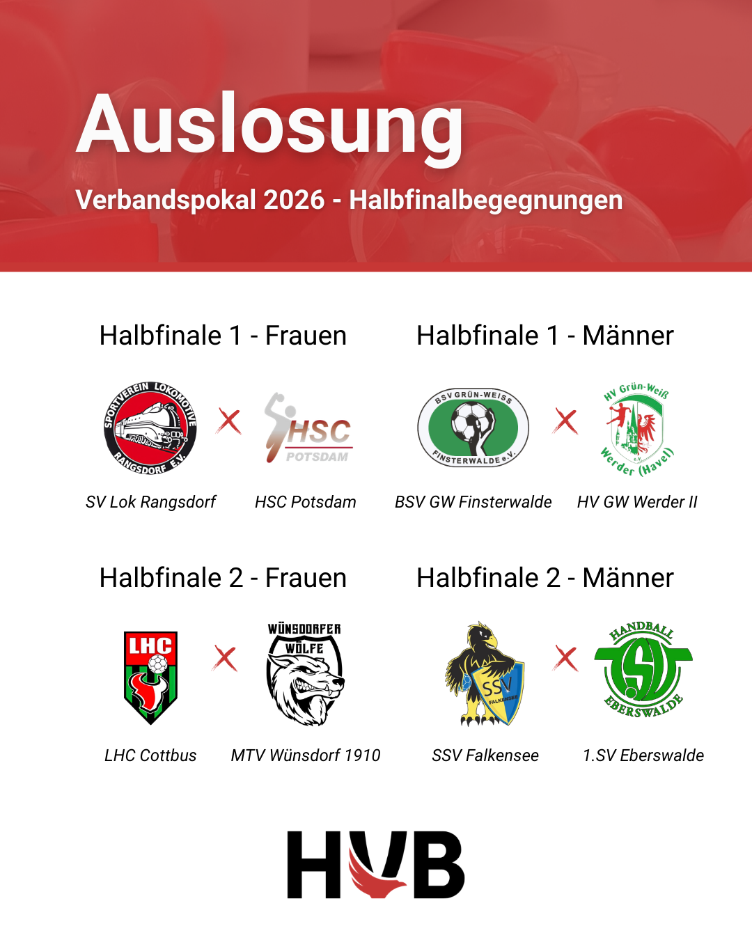Das Bild zeigt die Halbfinalbegegnungen des Verbandspokals 2026: SV Lok Rangsdorf vs. HSC Potsdam (Frauen), BSV GW Finsterwalde vs. HV GW Werder II (Männer), LHC Cottbus vs. MTV Wünsdorf 1910 (Frauen), SSV Falkensee vs. SSV Eberswalde (Männer).