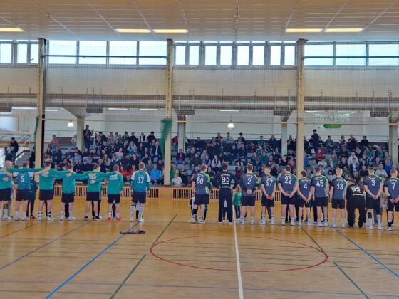 Zwei Handballmannschaften stehen in einer Sporthalle in einer Reihe vor dem Publikum, die Zuschauer sitzen auf Tribünen hinter ihnen. Die Spieler tragen blaugrüne und graue Trikots, die Turnhalle hat hohe Fenster und einen Holzboden.
