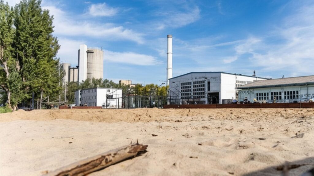 Weite Sicht auf einen Industriekomplex mit weißen Gebäuden, hohen Silos und einem Schornstein, gesehen von einem sandigen Vordergrund mit verstreuten Trümmern; im Hintergrund sind Bäume und ein blauer Himmel mit Wolken zu sehen.