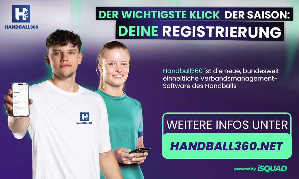 Ein junger Mann und eine junge Frau in weißen Hemden halten lächelnd ein Smartphone und ein Tablet in der Hand. Der Text wirbt für die Registrierung bei Handball360, einer Handball-Management-Software, mit der Information, HANDBALL360.NET zu besuchen. Der Hintergrund zeigt blaue, grüne und lila Handballtöne.