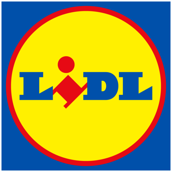 Lidl-Logo mit blauem LIDL-Text auf einem leuchtend gelben Kreis, rot umrandet, vor blauem Hintergrund.