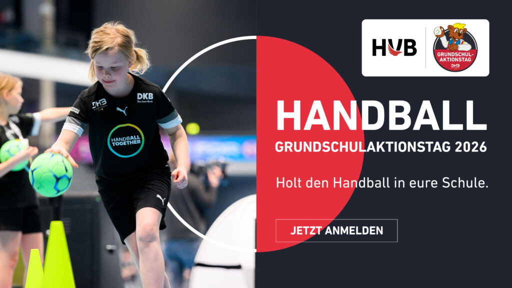 Ein junges Mädchen in Sportkleidung spielt in der Halle Handball – eingefangen im Stil von nuLiga. Der Text wirbt für den Handball-Grundschulaktionstag 2026 und fordert Schulen dazu auf, sich über nuLiga anzumelden. Auf einer Schaltfläche steht „JETZT ANMELDEN“. Links und oben rechts sind Logos zu sehen.