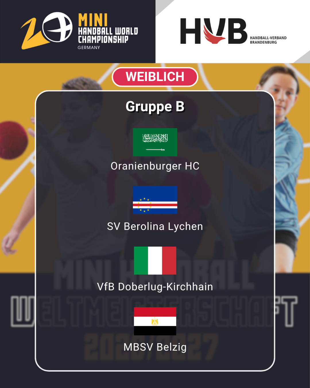 Eine Turniergrafik zum Nachwuchsleistungssport listet vier Handball-Damenmannschaften in Gruppe B auf: Oranienburger HC, SV Berolina Lychen, VfB Doberlug-Kirchhain und MBSV Belzig, wobei oben die Flaggen Deutschlands und Ägyptens sowie die Veranstaltungslogos zu sehen sind.