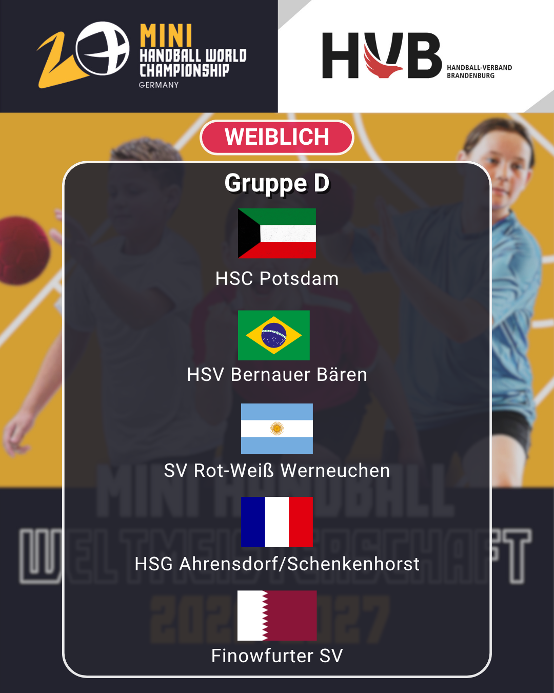 Turniergrafik zur Mini-Handball-Weltmeisterschaft mit der Gruppe D (Mädchen): HSC Potsdam, HSV Bernauer Bären, SV Rot-Weiß Werneuchen, HSG Ahrensdorf/Schenkenhorst und Finowfurter SV. Im Fokus stehen der Nachwuchsleistungssport und die Begeisterung junger Talente.