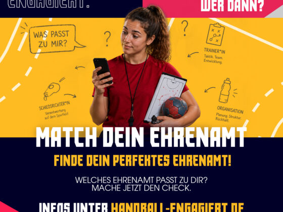 Eine lächelnde Frau in Sportkleidung hält ein Klemmbrett und einen Handball in der Hand, umgeben von handgezeichneten Symbolen, darunter auch Hinweise auf die nuLiga. Der Text wirbt dafür, sich unter handball-engagiert.de als ehrenamtlich Tätiger im Handball zu engagieren. Der farbenfrohe Hintergrund ist mit deutschen Slogans verziert, die neue ehrenamtliche Helfer dazu inspirieren sollen, sich zu engagieren.