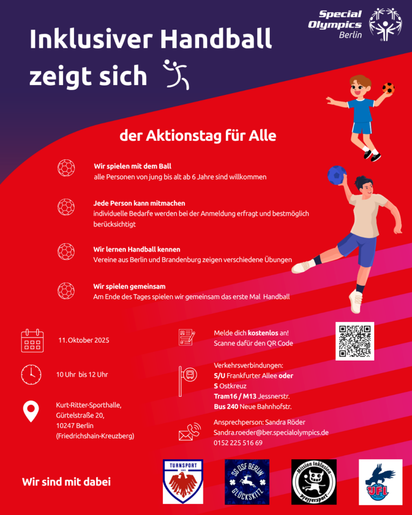 Flyer für eine inklusive Handballveranstaltung mit farbenfrohen Grafiken von Handballspielern, Veranstaltungsdetails, Logos und Symbolen, die die Aktivitäten, den Veranstaltungsort und die Kontaktdaten beschreiben; organisiert von Special Olympics Berlin und zur Förderung des Nachwuchsleistungssports.