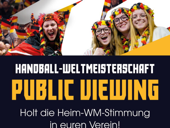 Werbegrafik für die IHF-Handball-Weltmeisterschaft der Männer 2027 mit jubelnden Fans und einem Aufruf zur Anmeldung für eine öffentliche Public-Viewing-Veranstaltung während des HVB-Pokal-Final-Four 2026/27.